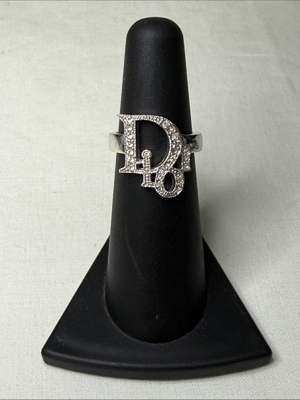 Christian Dior Logo Rhinestone Silver Tone Ring | US Size 5